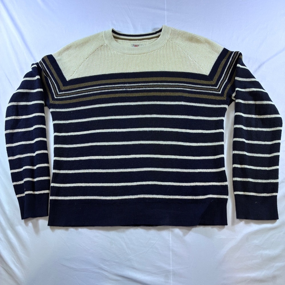 Faherty Organic Cotton Striped Waffle Knit Crewneck Sweater Navy M